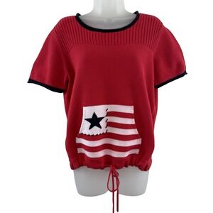 Vintage Crazy Horse Sweater Womens Large Red Flag Pocket Drawstring Patriotic 90